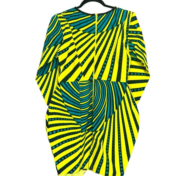 Asymmetrical African Print Yellow & Blue Long Sleeve Dress with Front Cutout - Picture 4 of 9